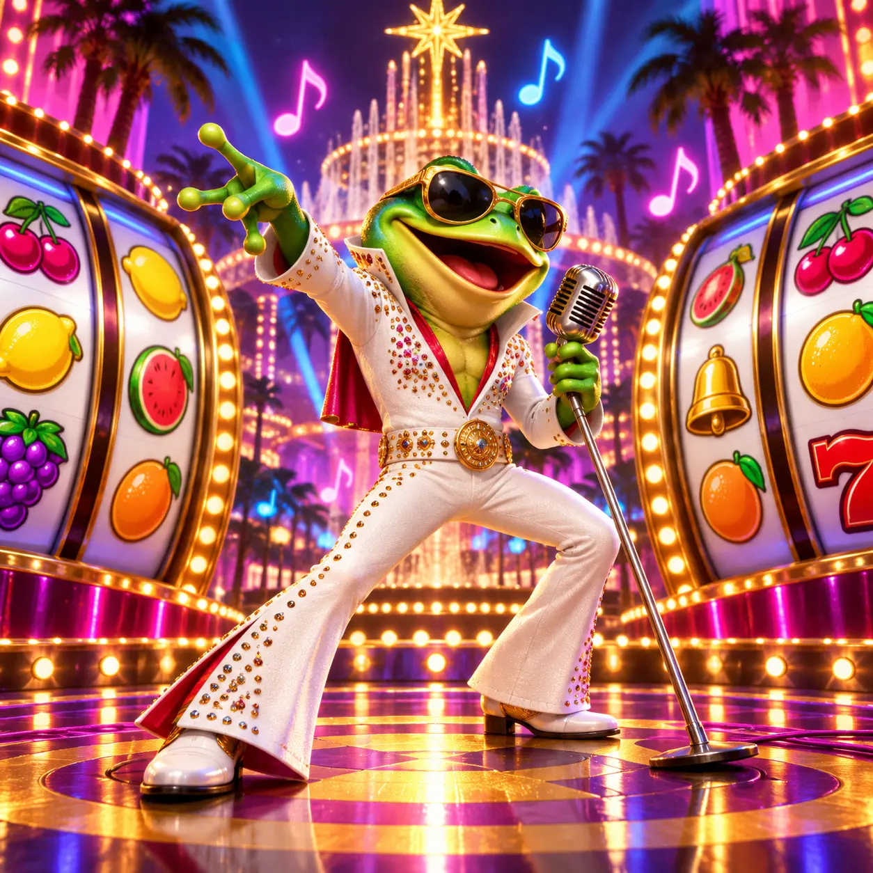 Green frog rock performer between fruit reels