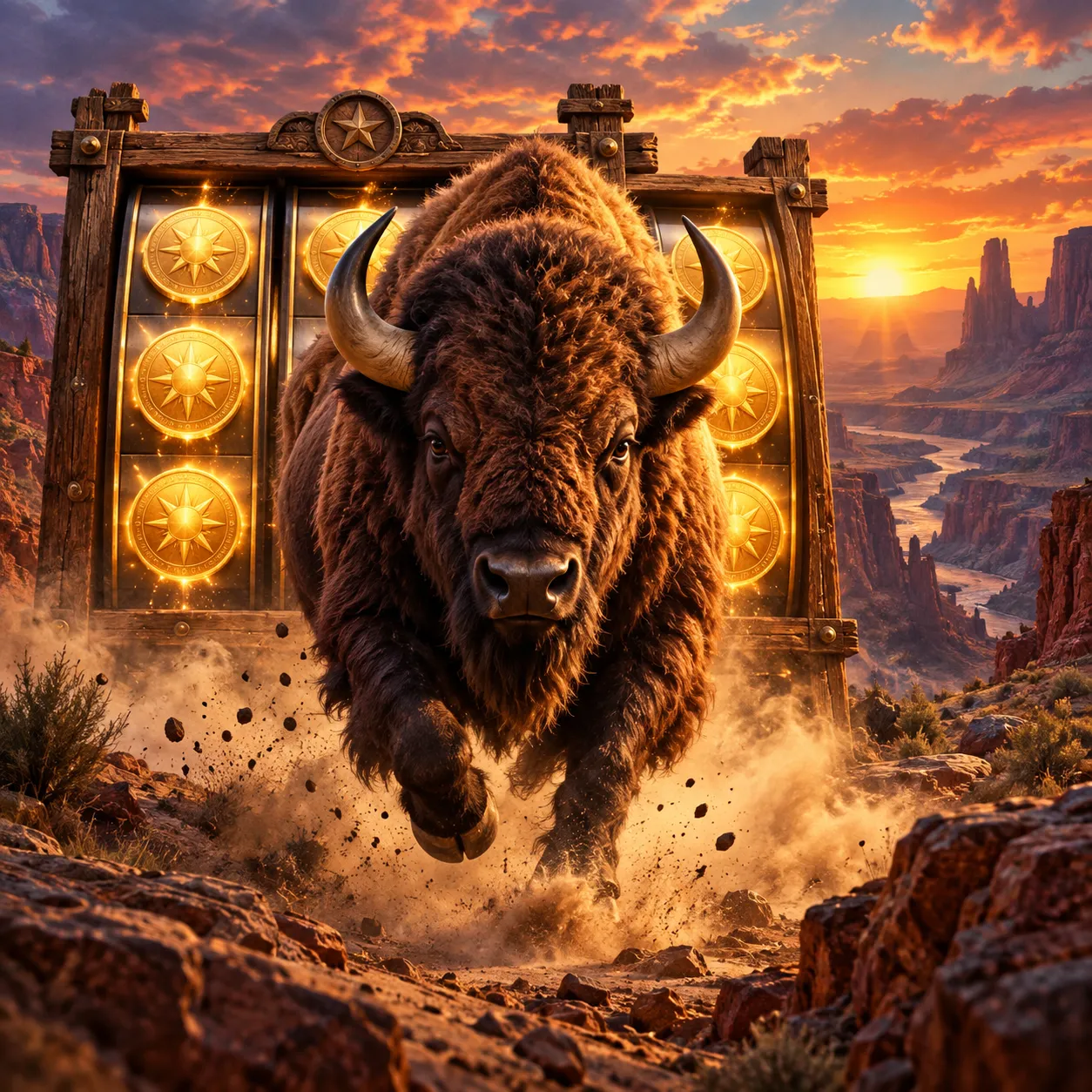 Buffalo charging in front of frontier reels
