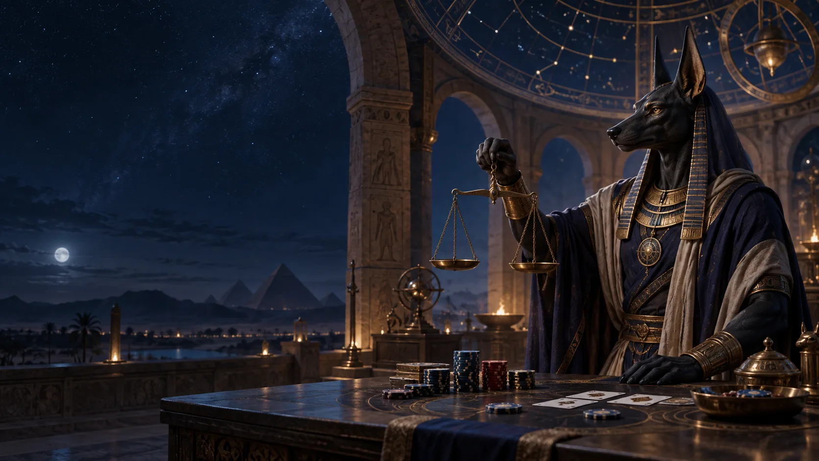 Anubis guardian weighing casino evidence at a night observatory