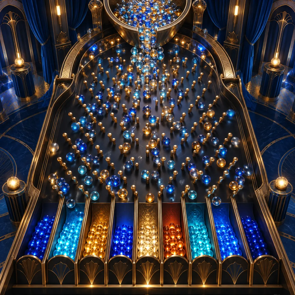 Glass balls falling through a brass peg board