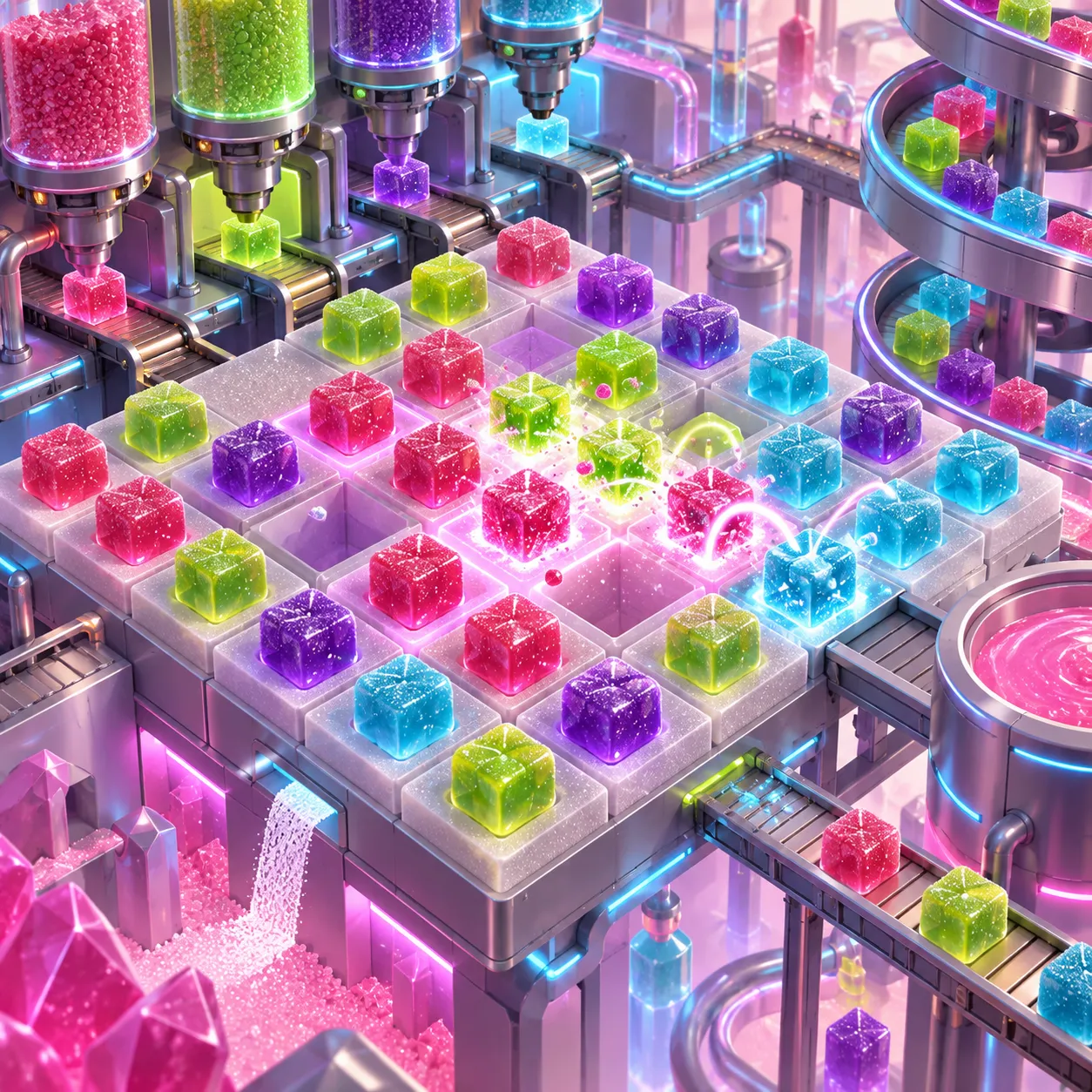 Colourful gummy cubes on a confectionery grid