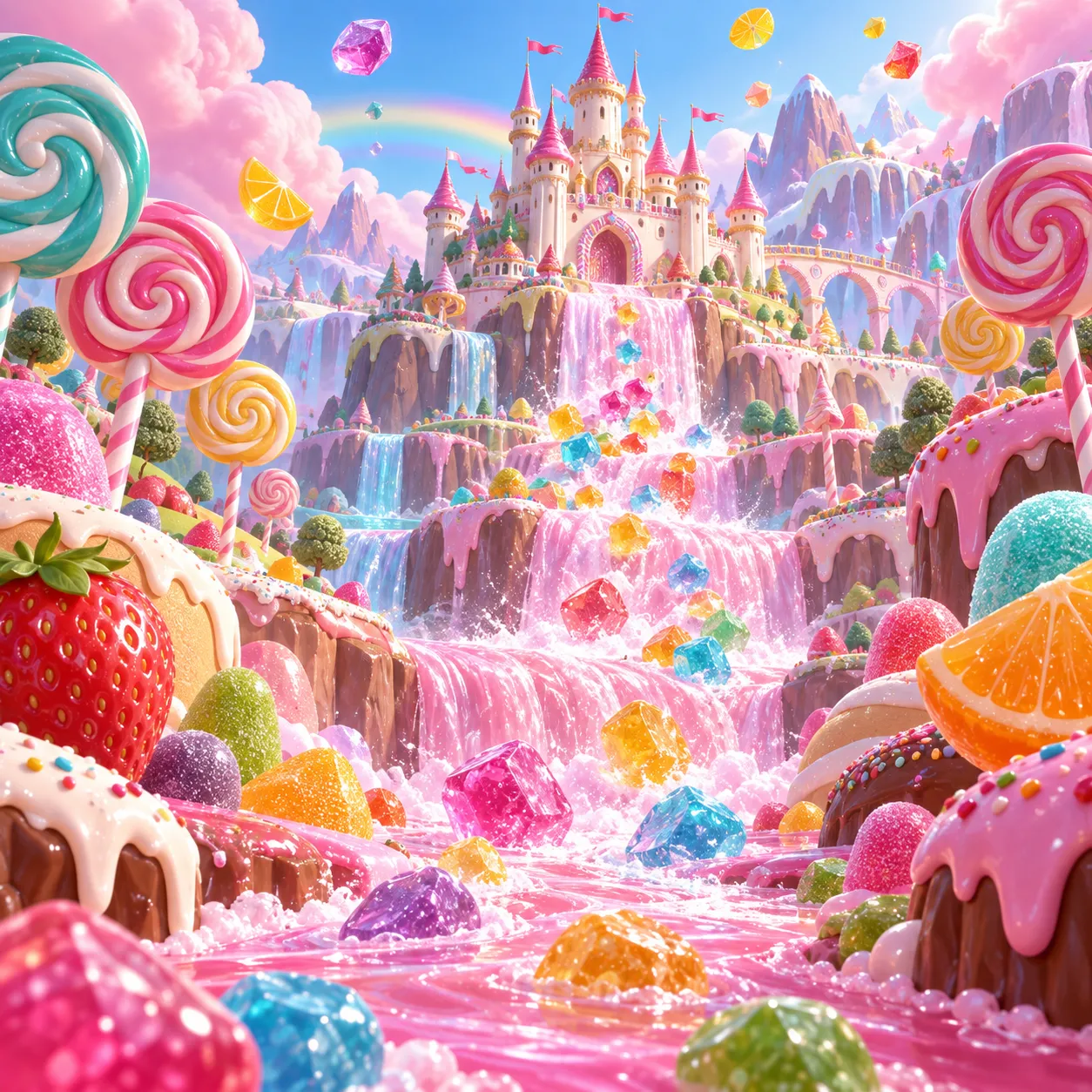 Candy kingdom with tumbling crystal sweets
