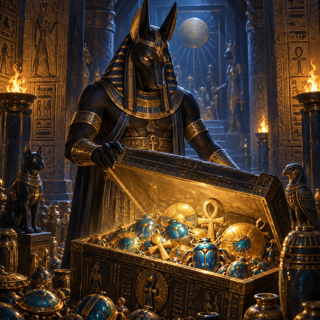 Anubis guardian opening a treasure chest